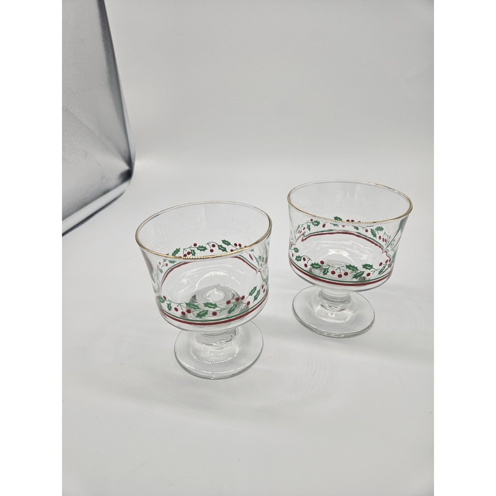 VTG. Arbys HOLLY BERRY RIBBON Gold Rim Holiday Sherbert-Dessert Footed 2 Glasses
